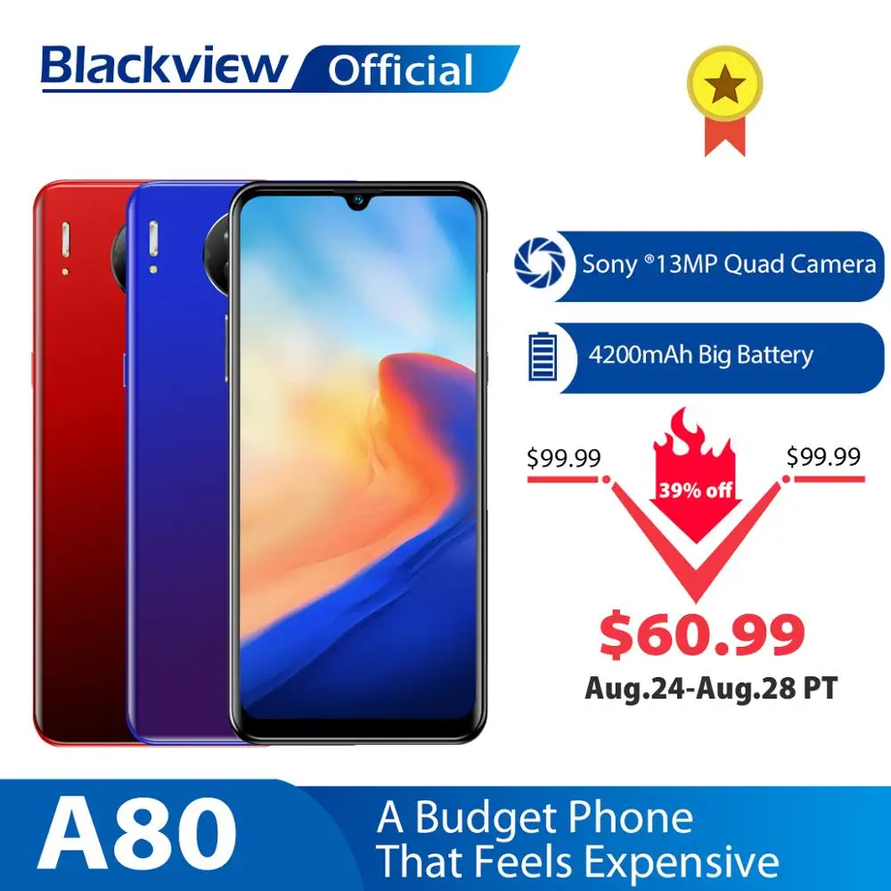 Blackview A80 Quad caméra arrière Android 10.0 Go téléphone portable 6.21