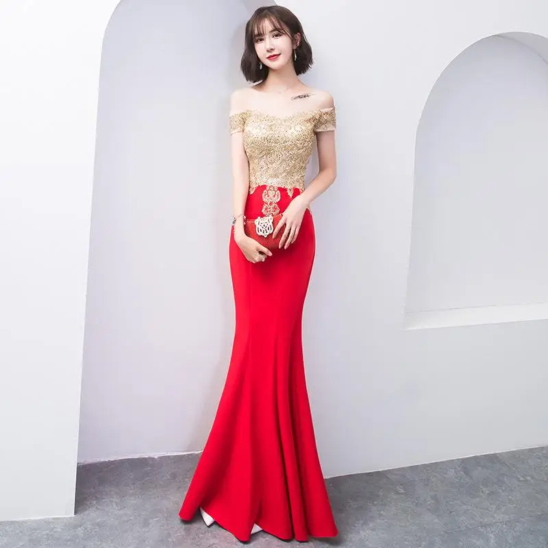 Robe De Soiree сексуальное банкетное элегантное вечернее платье русалки ES3022 расшитое бисером с аппликацтей на выпускной платье невесты Длинные вечерние платья - Цвет: Красный