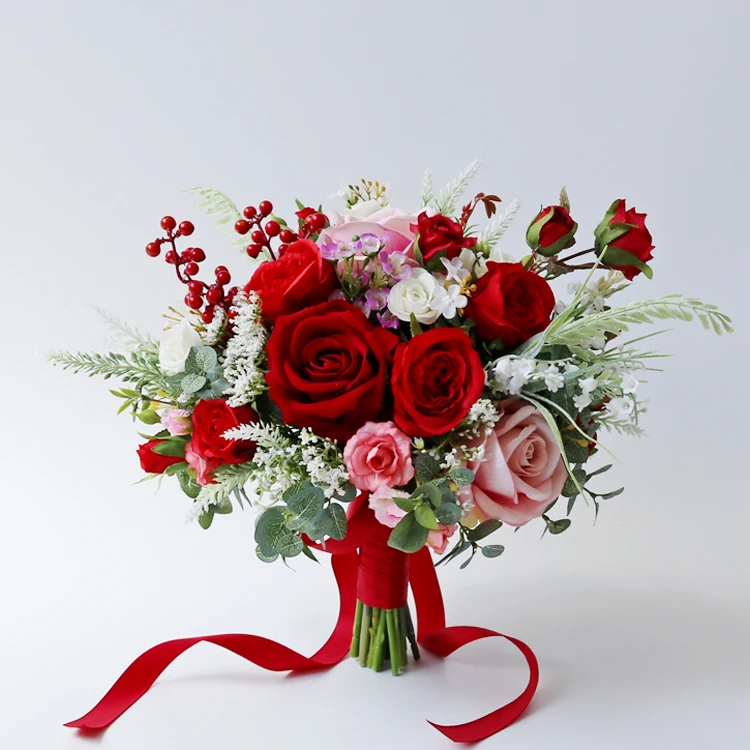 JaneVini Flores Boda Искусственный Свадебный букет красные невесты цветы розовые розы Шелковый букет невесты Fleur Mariage аксессуары - Цвет: Красный