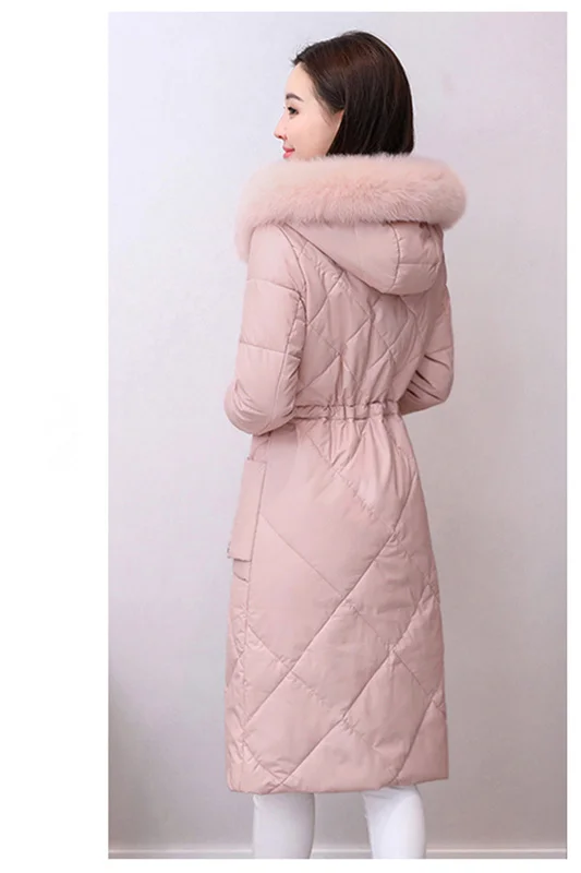 Женская кожаная куртка Новая мода длинный участок тонкая теплая Женская куртка из искусственной кожи Розовая белая черная куртка из искусственной кожи