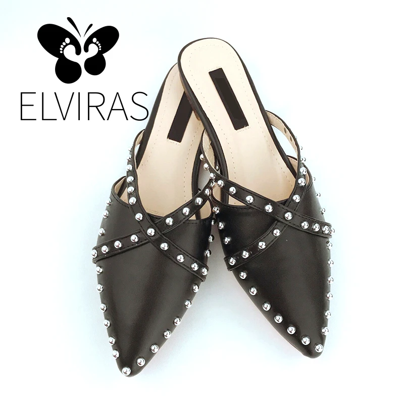 

ELVIRAS Flat Slippers Pointed Toe outdoor slippers home slippers Fashion Rivet T-strap Non-slip slippers pantoufle femme