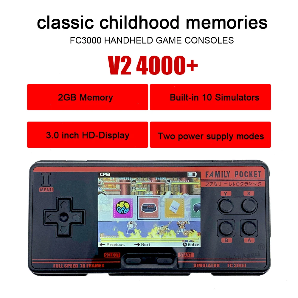 Newest Family Pocket FC3000 V2 Classic Handheld Game Console 4000+ Games 3 Inch IPS Screen TV Output Portable Video Game Console 
