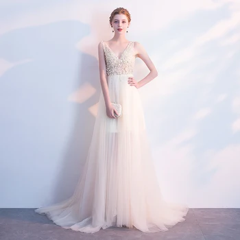 

Sexy Female Formal Party Gown Sequins Pleated Mesh Dress Cheongsam Elegant Trailing Qipao V-neck Backless Robe De Soiree