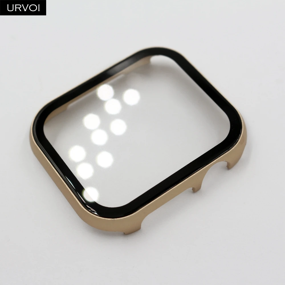 URVOI Полный Чехол для Apple Watch series 5 4 3 металлический бампер Жесткая алюминиевая рамка покрытие из закаленного стекла для iWatch протектор экрана - Цвет: Vintage gold