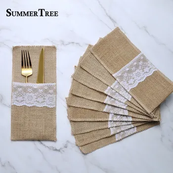 

50pcs Burlap Lace Cutlery Pouch Holder Bag Hessian Rustic Jute Accessories Wedding Engagement Tableware Party Table Decoration