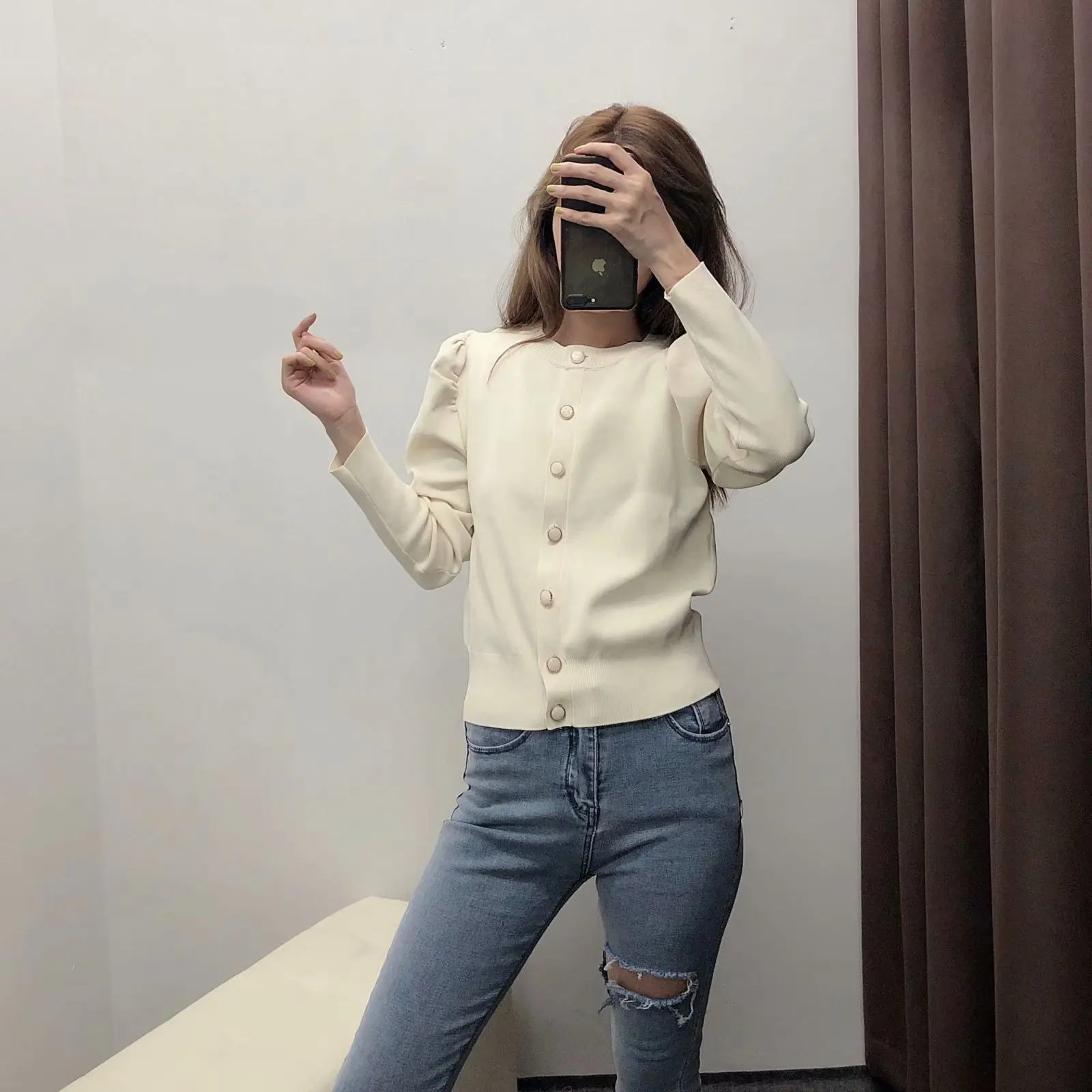 Новинка осени, одноцветная вязаная AliExpress с v-образным вырезом и длинным рукавом в западном стиле