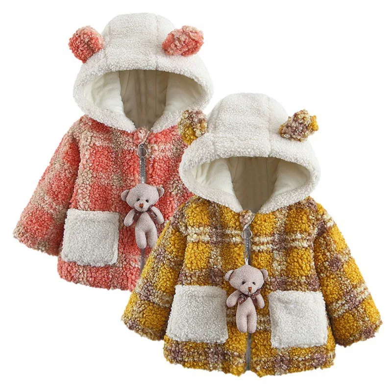 

Baby Girl Coat 2019 Winter Warm Infant kids Plaid Hoodie Casual Jacket Cartoon Long Sleeve Plush Outerwear Toddler Girl Clothes