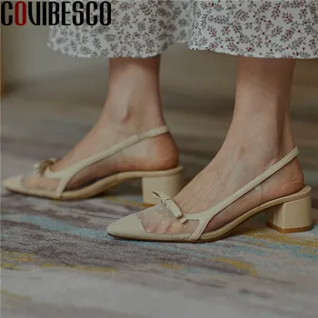 

COVIBESCO Women Knot Comfortable Pointed Toe Genuine Leather Party Shoes Thick Heel Wild Sandals Thick Heels Shoes Woman