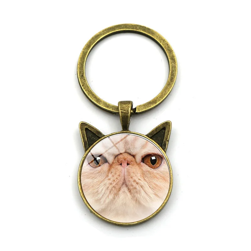 

Europe And America Hot Sales Cat Face Time Stone Keychain Retro Cat Ears DIY Metal Key Ring Car Small Pendant