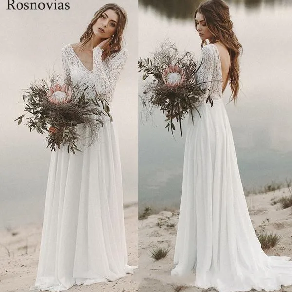 

Bohemian Beach Wedding Dresses 2019 V Neck Long Sleeves Open Back Sweep Train Modest Beach Lace Top Chiffon Bridal Gowns Cheap