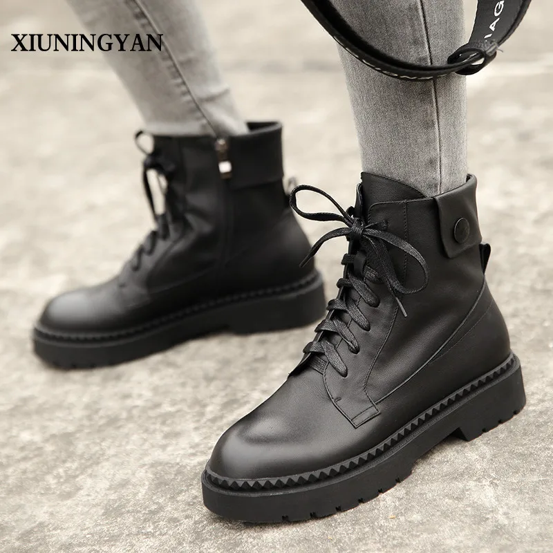 

XIUNINGYAN 2020 Women Shoes Winter Ankle Boots Round Toe Cow Leather Lace Up Low Heel Fashion Motorcycle Casual Boot Size 34-39