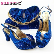 Новое поступление, зимние африканские Королевский синий обувь и сумка в комплекте, вечерний комплект из туфель на высоком каблуке и сумочки в африканском стиле для свадьбы