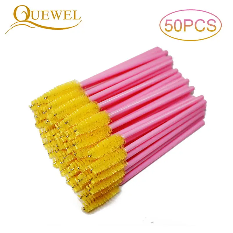 50PCS yellow-pink Quewel одноразовые кисти для наращивания ресниц 50 шт./лот Косметическая кисть тушь для ресниц палочки Аппликатор аксессуары кисти для макияжа инструменты - Handle Color: 50PCS yellow-pink