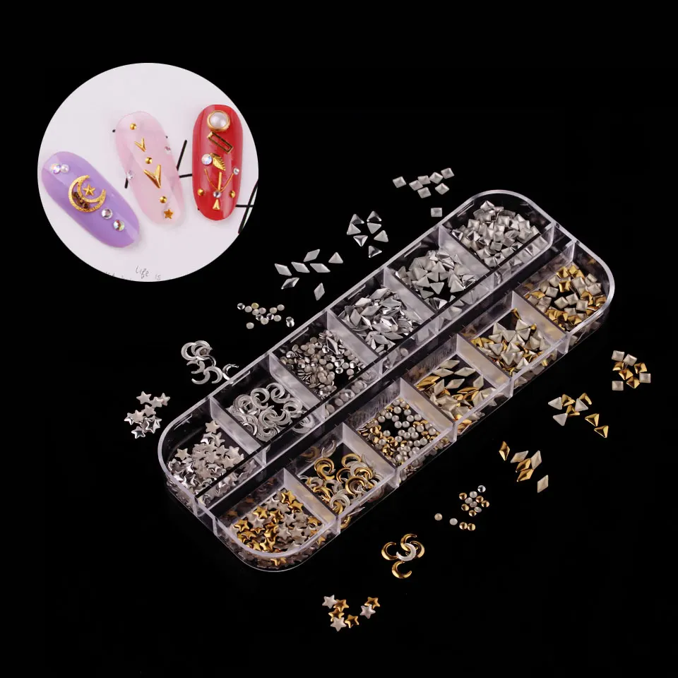 1 Boxed 12 Grids Rose Gold 3D Alloy Metal Nail Rivets Charms Nail Studs Nail Ornament Heart Star Moon Cross Nail Art Decorations 5