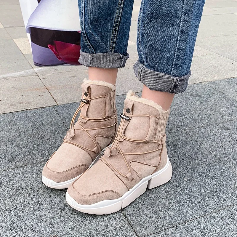 Новое поступление; mujer botas; зимние водонепроницаемые ботинки из натуральной коровьей замши и микрофибры; повседневная обувь на плоской подошве; женские ботильоны