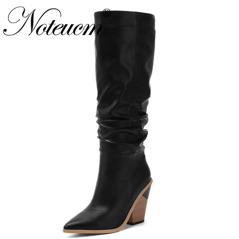 Казаки Женские коричневые, черные, белые кожаные г. Модные осенние высокие сапоги до колена в западном стиле со складками зимняя женская обувь scarpe donna