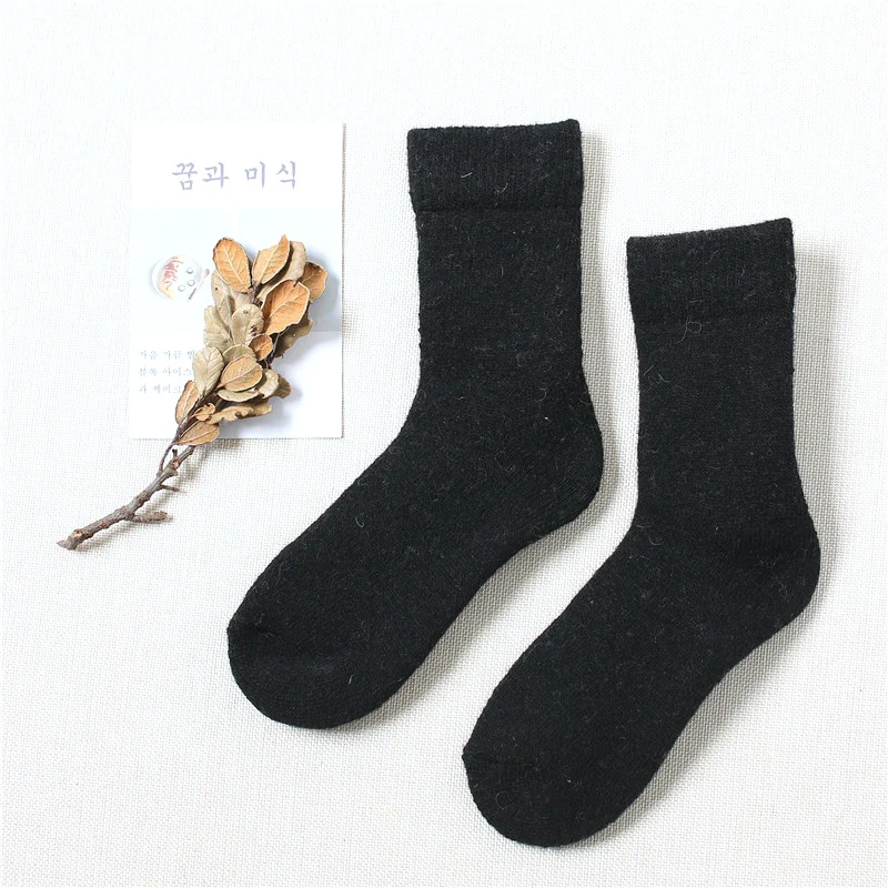 Black Wool Socks Новинка, зимние шерстяные теплые носки, мужские уплотненные бархатные махровые длинные носки, однотонные кашемировые термоноски, подарок на год для женщин - Цвет: Black Wool Socks