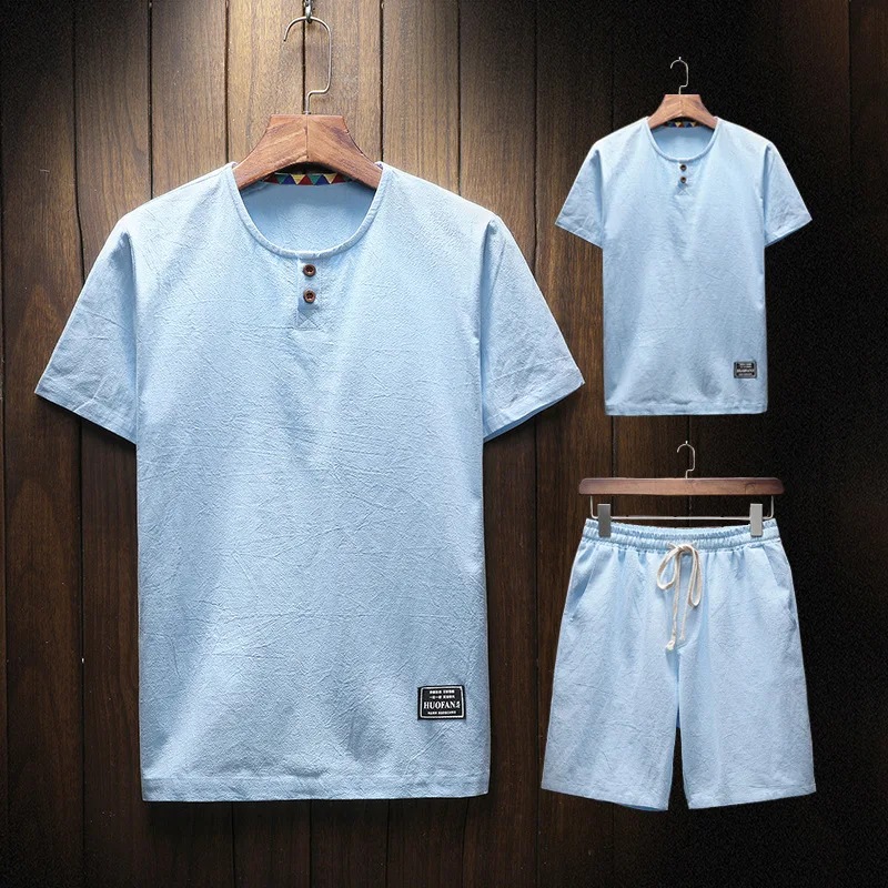 

18 Years New Style Summer Wear Flax Short Sleeve T-shirt Shorts Set Men Solid Color Large Size Cotton Linen Casual Set