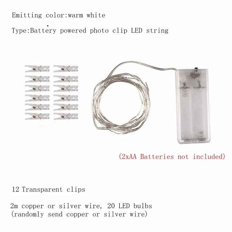 2m 20leds USB светодиодный гирлянды на открытом воздухе гирлянда фото клип украшения сказка/Коллона светящаяся гирлянда батарея Рождество вечерние меди - Испускаемый цвет: 2m 20leds
