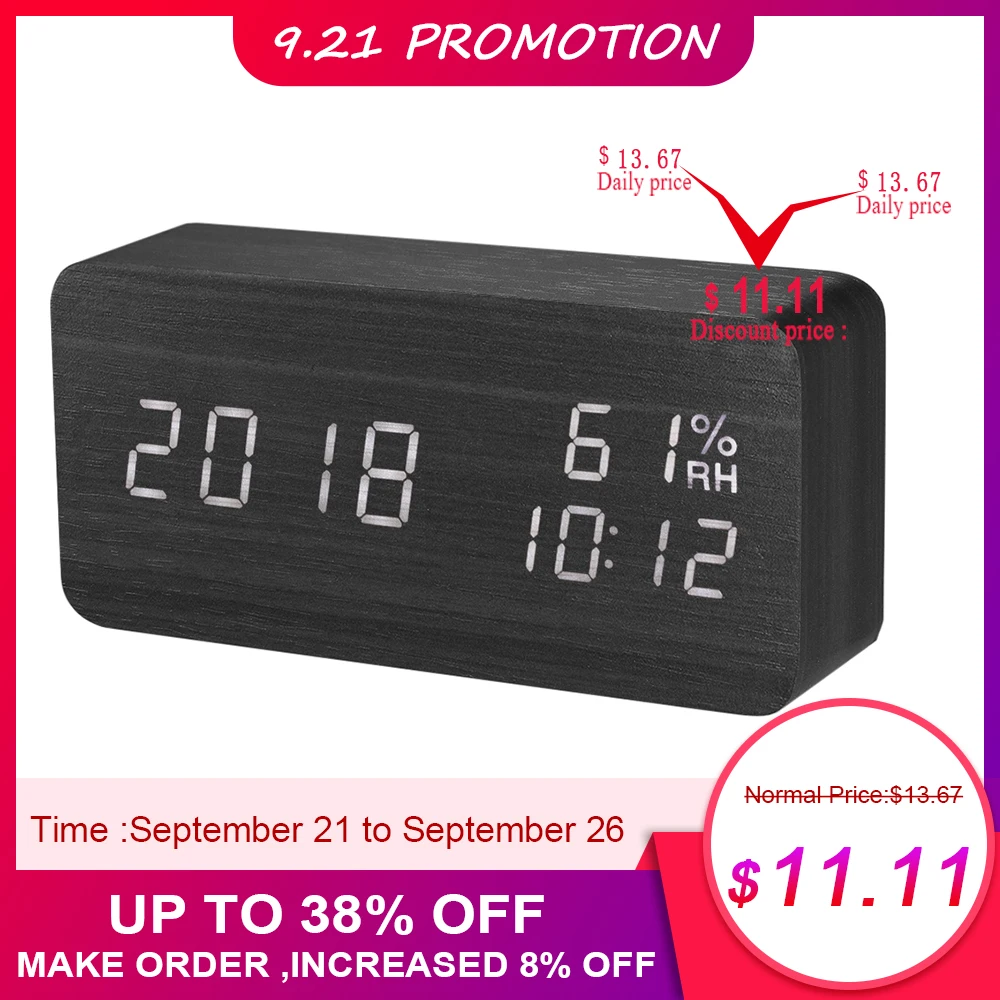 

LED Wooden Alarm Clock Sound Control 3 Alarms Digital Alarm Clock USB/Battery Dimmer Indoor Hygrometer Thermometer Table Clock