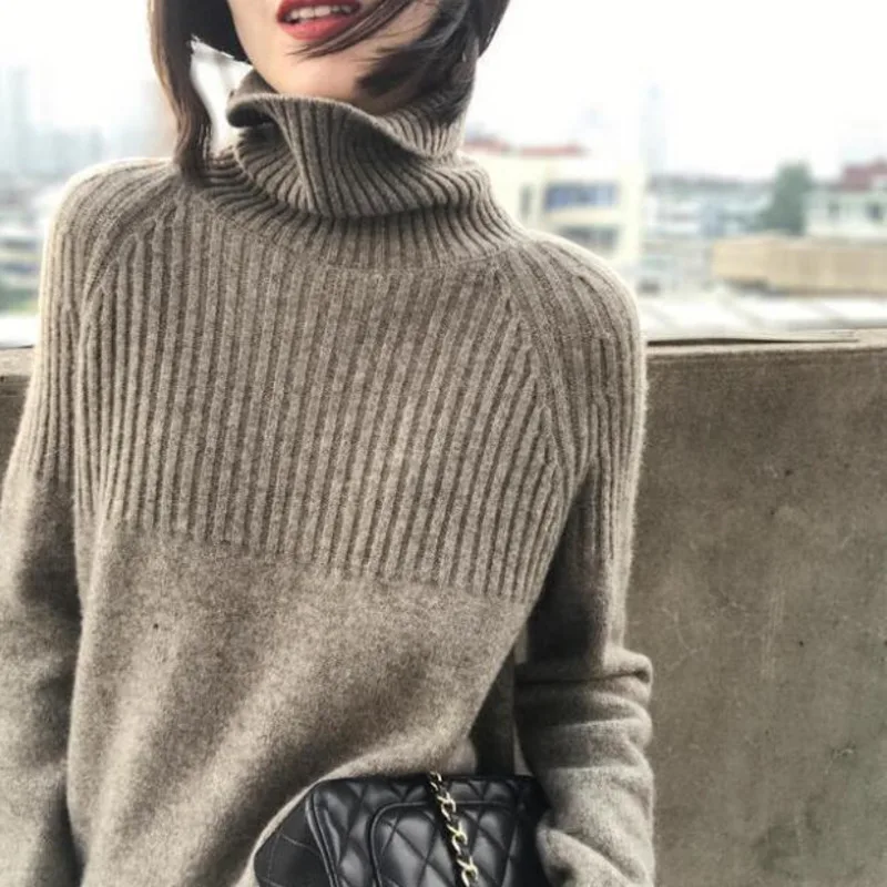 Женский пуловер с высоким воротником kywommnz простой эластичный Полосатый