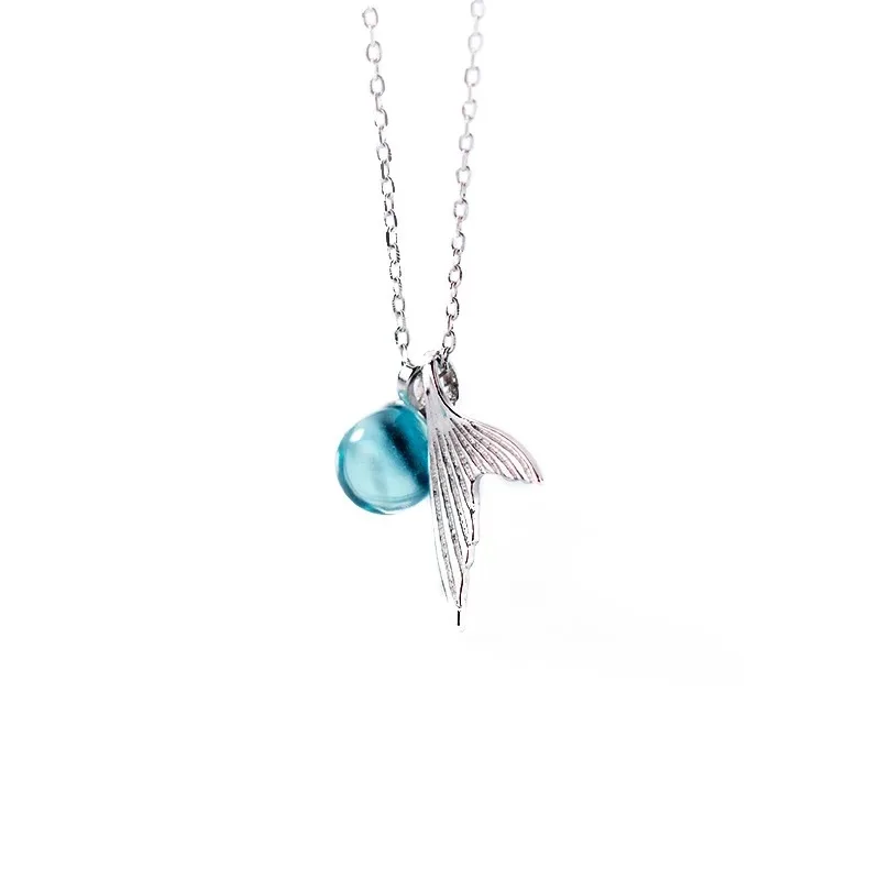 ANENJERY 925 пробы Серебряное пенное ожерелье русалки для женщин рыбий хвост синий кристалл стекло цепочка ожерелье S-N435