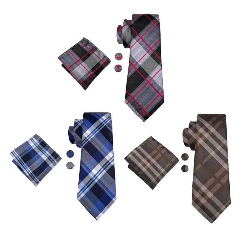 Hi-Tie плед 3 шт Hanky запонки набор мужской галстук шелк 8,5 см галстуки для мужчин модные роскошные для свадебной вечеринки бизнес