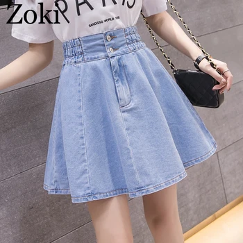 

Zoki Sexy Women Denim Pleated Mini Skirt Summer Elastic High Waist A-line Girl Jeans Elegant Korean Preppy Style Cotton Skirt