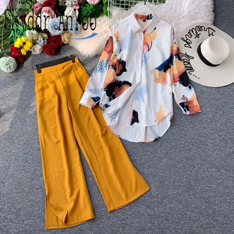 

Fashion Two Piece Set Woman Long Sleeve Blouse Tops And Wide Leg Pants 2 Piece Set Clothes For Women Elegant Matching Suit Sets