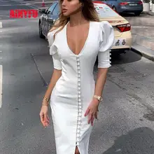 Ainyfu однотонное платье с пышными рукавами, сексуальное женское платье с глубоким v-образным вырезом, с открытыми пуговицами, с разрезом, длинное платье-карандаш, модное дамское повседневное осеннее платье