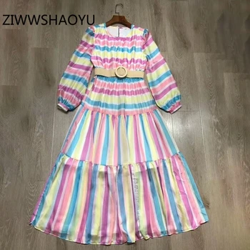 

ZIWWSHAOYU Summer Female Multicolor Striped Print Long Dress Runway Designer Women With Belt Lantern Sleeve Sweet Dresses