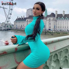 InstaHot облегающее мини-платье с высоким воротом, женское обтягивающее облегающее платье с длинным рукавом, повседневные Элегантные вечерние платья на осень и зиму