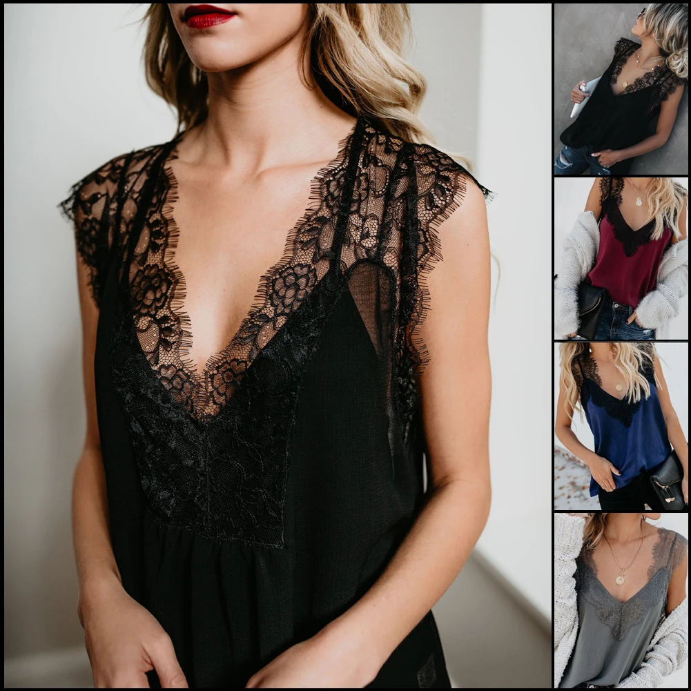 Женская летняя майка Топы женские повседневные футболки с открытой спиной с v-образным вырезом кружевные однотонные черные синие повседневные рубашки женская комбинация Топы
