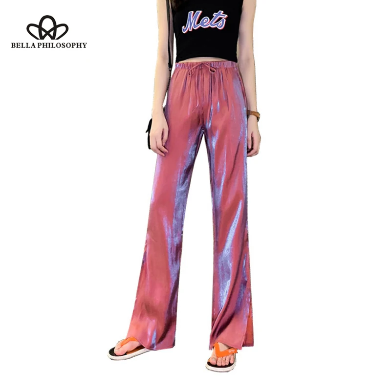 

Bella philosophy Women Summer Glossy Wide Leg Pants Vintage Elastic Female Loose Split Long Pants Casual Lady Button Bottoms