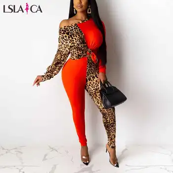 

Sexy Women Sets Leopard Print Patchwork Long Sleeve Skew Neck Two Pieces Sets Long Pants Autumn Fashion Streetwear Tracksuit