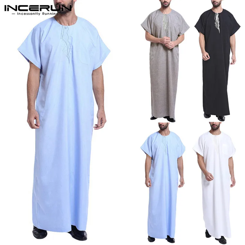 Incerun Pria Muslim Kaftan Dicetak Lengan Pendek Vintage Jubah Longgar