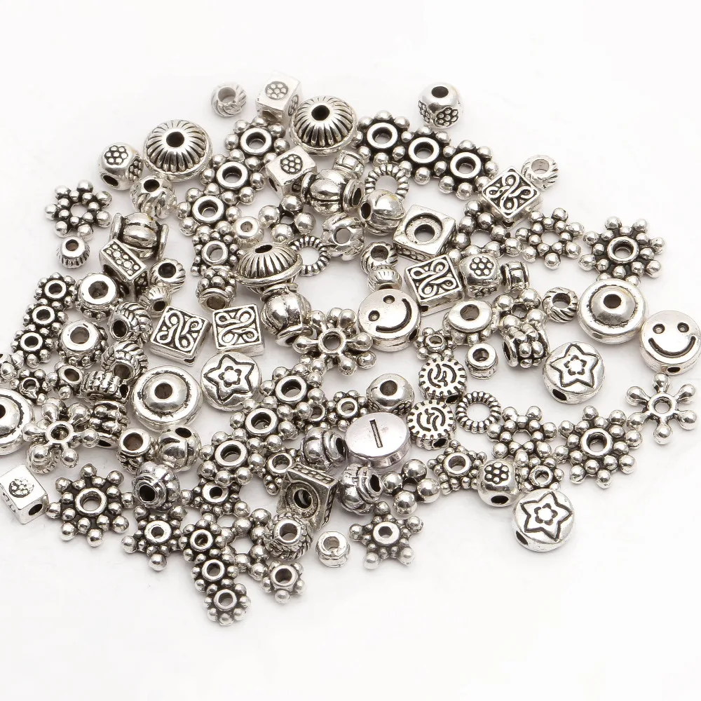 

100pcs Mix Size Metal Silver Plated Circle Rose Flower Spacer Beads For Needlework Charm For DIY Jewelry Bracelet Wholesale
