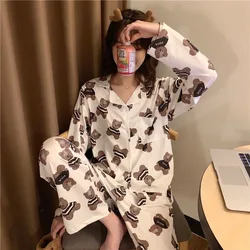Women Pajamas Spring Silk Loose Lapel Pyjamas Summer Cute Cartoon Bear Print Pijamas Plus Size Home Suit 2 Piece Sets Sleepwear