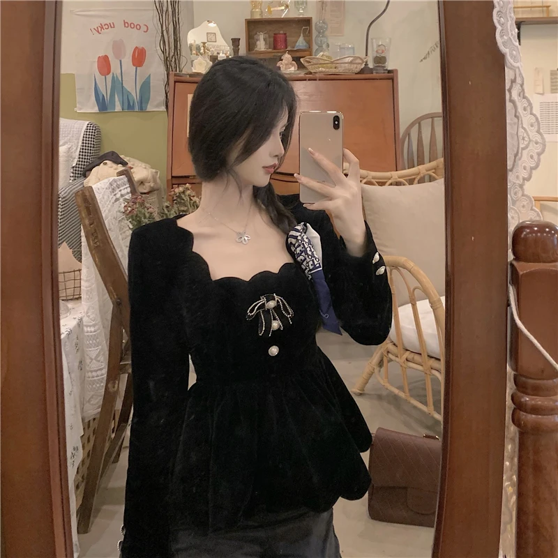 OCEANLOVE Black Blusas Mujer Solid Square Neck Retro 2021 Spring Women Tops and Blouses Velvet Korean Shirts Elegant 19491 ladies shirts