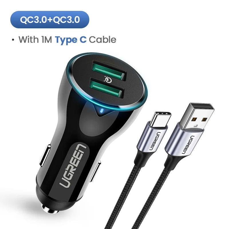 With 1M Type C Cable Ugreen 36 W автомобиля USB Зарядное устройство двойной Быстрый 3,0 заряда для iPhone Xiaomi huawei USB быстро Зарядное устройство для samsung S9 S8 автомобильный телефон Зарядное устройство - Тип штекера: With 1M Type C Cable