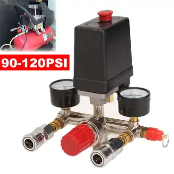 

240V Air Compressor Pump Pressure Valve Switch Adjustable Air Flow Manifold Relief Regulator with Gauge 90-120 PSI