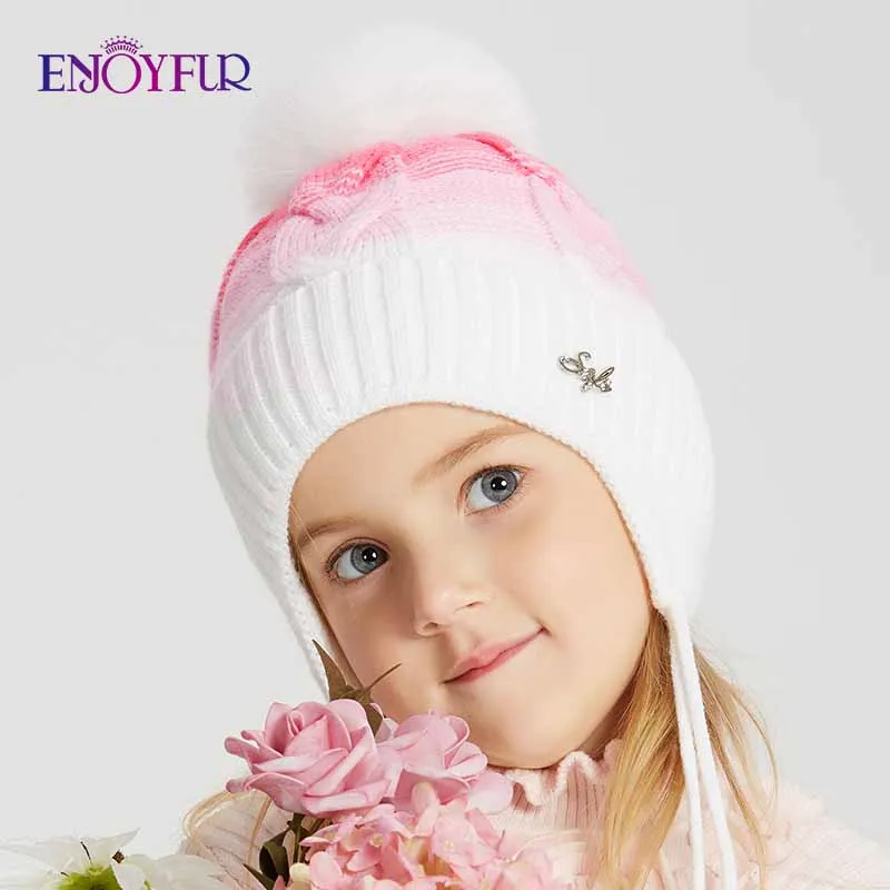 Kids winter knit hats real fur fox pompom wool bonnets children beanies