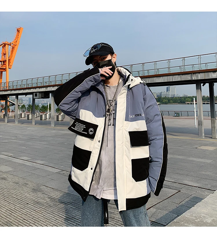 FUODRAO Loose Thicken Warm Winter Parka Men Patchwork Jackets Coats Male Harajuku Jacket Mans Outwear Hooded Windbreaker J208