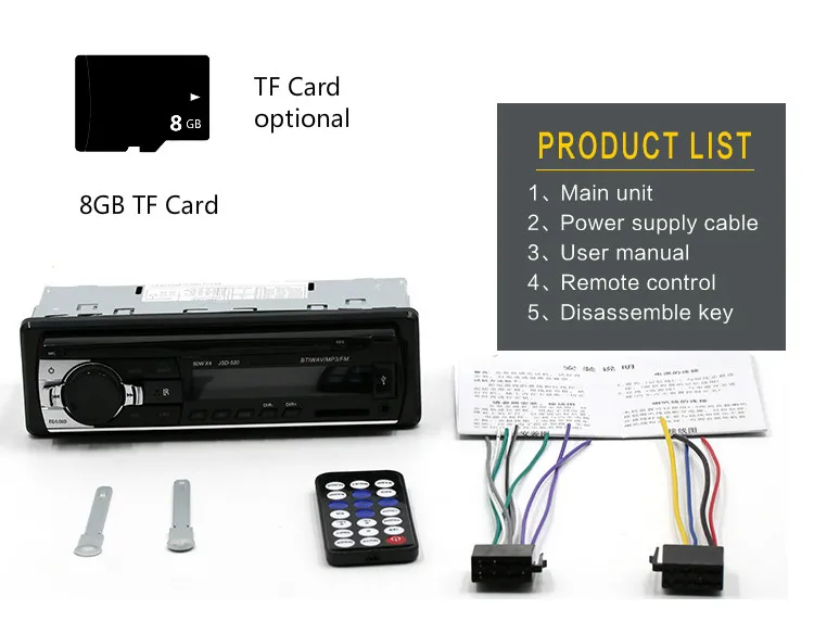 8GB SD Card Авторадио JSD-520 Автомагнитола Bluetooth 1Din стерео плеер AUX/MP3/FM/пульт дистанционного управления для телефона аудио сабвуфер - Цвет: 8GB SD Card