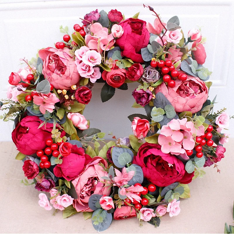 

Hot New Decorative Door Wreath,Silk Flower Peony Head Flower Wreath 40cm Handmade Garland for Autumn Winter Outdoor Display Red