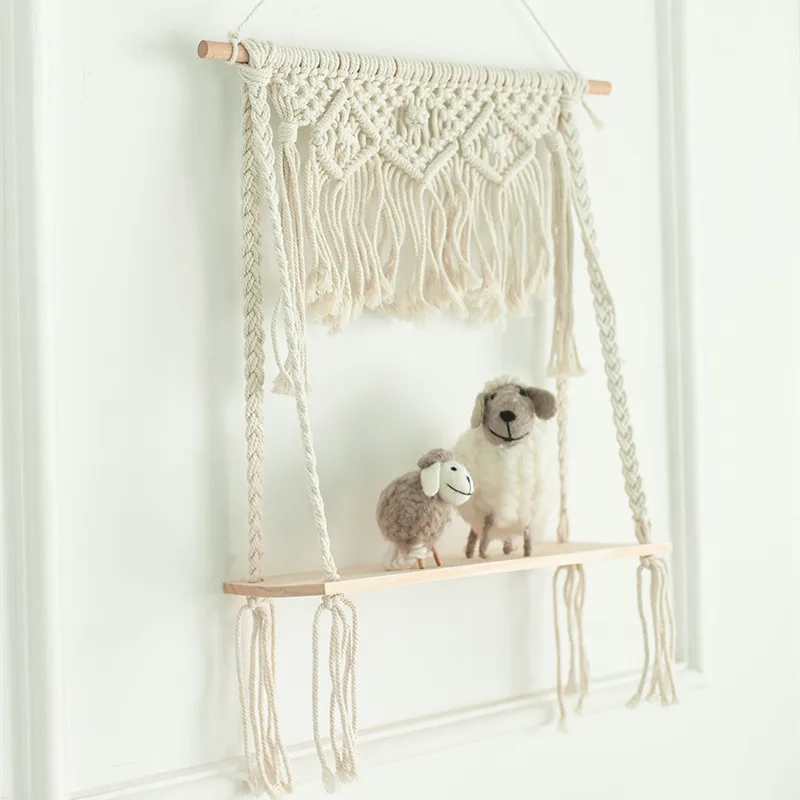 Cilected Home Decoration Macrame Rope Tapestry Rack Wooden Shelf Floating Plant Hanging Wall Shelves Crafts | Дом и сад