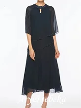 A-Line Mother of the Bride Dress Plus Size Jewel Neck Tea Length Chiffon Half Sleeve with Beading 2021