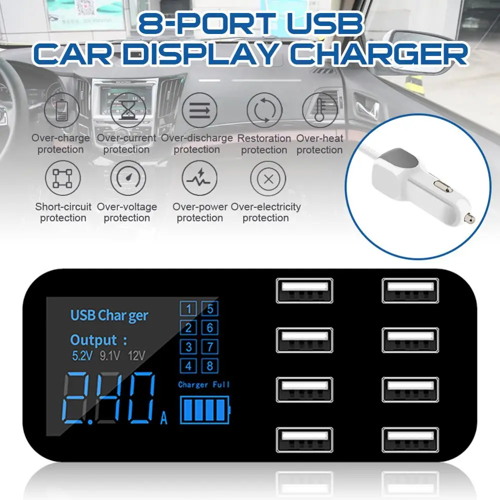 

8 Ports Quick Charge 3.0 USB Charger 12-24V 40W Quick Charger LED Display Digital Voltmeter Dock Station Fast Chargers White