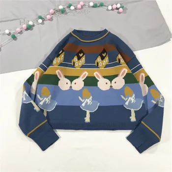 

Japanese spring new Alice jacquard small high collar cute cartoon rabbit loose and versatile short Sweater Girl