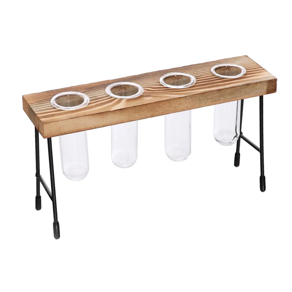 Clear Glass Vase Hanging Plant Terrarium with Retro Solid Wooden Stand for Hydroponics Plants Home Decor